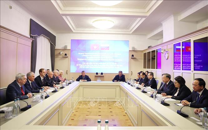 Tổng Bí thư, Chủ tịch nước Tô Lâm hội kiến Chủ tịch Duma Quốc gia Nga Vyacheslav Volodin. Ảnh: Thống Nhất – TTXVN