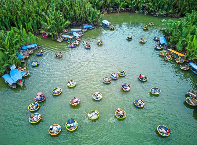 Những chiếc thuyền thúng tròn đan bằng tre, nhỏ gọn và linh hoạt, đưa du khách len lỏi qua những con rạch giữa rừng dừa nước, khám phá cảnh quan sông nước và cảm nhận nhịp sống bình dị của cư dân địa phương. Ảnh: Khánh Hoà - TTXVN