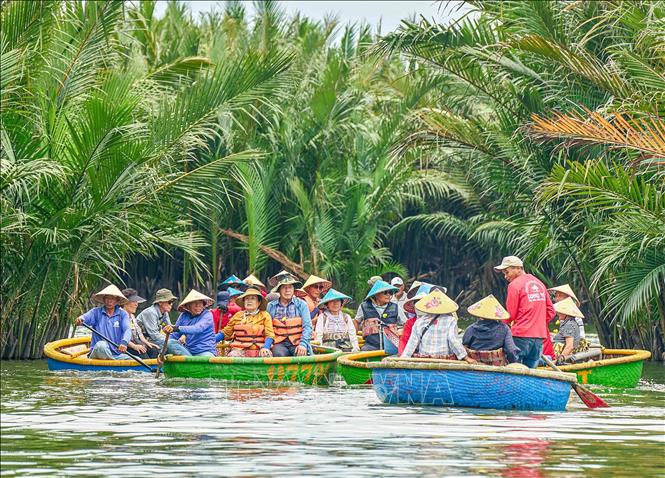 Thuyền thúng là một trong những hình ảnh đặc trưng, tạo nên sức hấp dẫn riêng của Rừng dừa Bảy Mẫu. Ảnh: Khánh Hoà - TTXVN                      