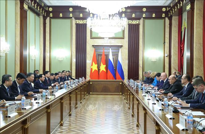Tổng Bí thư, Chủ tịch nước Tô Lâm hội kiến Thủ tướng Nga Mikhail Mishustin. Ảnh: Thống Nhất – TTXVN
