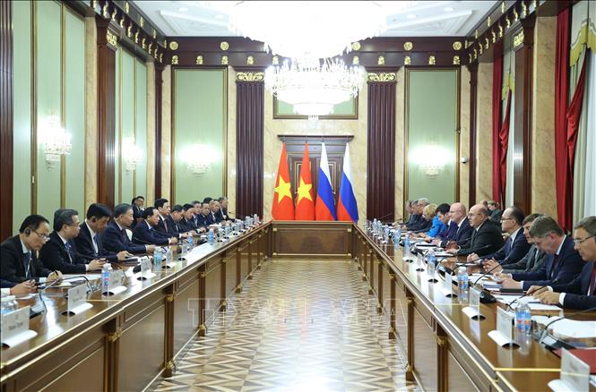Tổng Bí thư, Chủ tịch nước Tô Lâm hội kiến Thủ tướng Nga Mikhail Mishustin. Ảnh: Thống Nhất – TTXVN