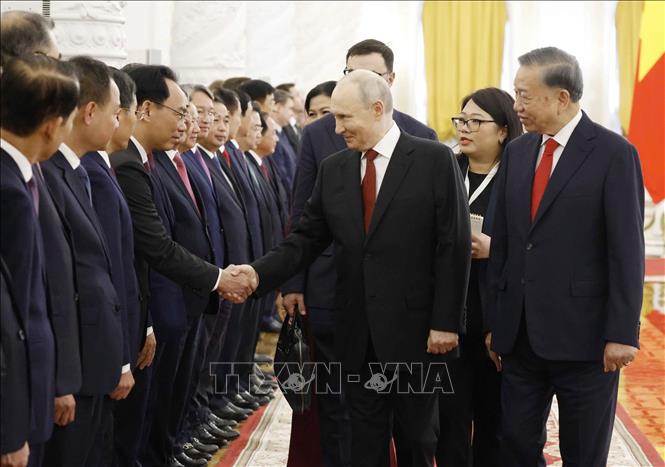 Tổng Bí thư, Chủ tịch nước Tô Lâm giới thiệu thành viên đoàn cấp cao Việt Nam với Tổng thống Nga Vladimir Putin. Ảnh: Thống Nhất – TTXVN