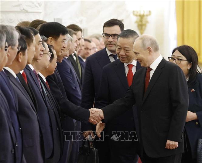 Tổng Bí thư, Chủ tịch nước Tô Lâm giới thiệu thành viên đoàn cấp cao Việt Nam với Tổng thống Nga Vladimir Putin. Ảnh: Thống Nhất – TTXVN