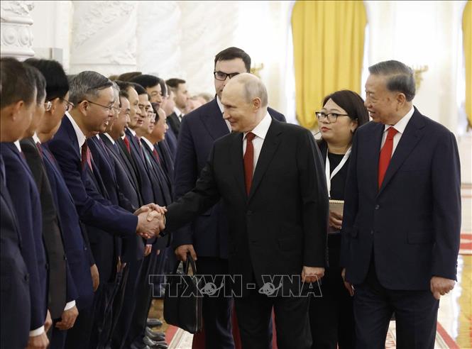 Tổng Bí thư, Chủ tịch nước Tô Lâm giới thiệu thành viên đoàn cấp cao Việt Nam với Tổng thống Nga Vladimir Putin. Ảnh: Thống Nhất – TTXVN