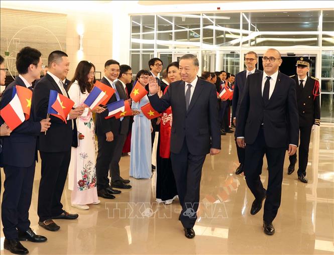 Cán bộ, nhân viên Đại sứ quán và cộng đồng người Việt Nam tại Pháp đón Tổng Bí thư, Chủ tịch nước Tô Lâm và Phu nhân. Ảnh: Thống Nhất – TTXVN