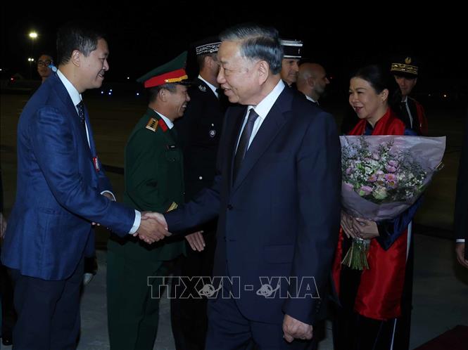Cán bộ, nhân viên Đại sứ quán Việt Nam tại Pháp đón Tổng Bí thư, Chủ tịch nước Tô Lâm và Phu nhân tại sân bay Orly, Paris . Ảnh: Thống Nhất – TTXVN