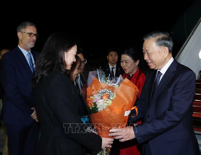 Đại biểu đón Tổng Bí thư, Chủ tịch nước Tô Lâm và Phu nhân tại sân bay Orly, Paris . Ảnh: Thống Nhất – TTXVN