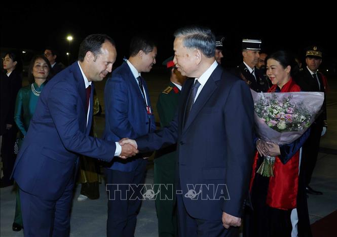 Đại biểu đón Tổng Bí thư, Chủ tịch nước Tô Lâm và Phu nhân tại sân bay Orly, Paris . Ảnh: Thống Nhất – TTXVN