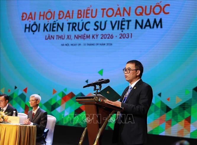 Tiến sĩ, Kiến trúc sư Phan Đăng Sơn, Chủ tịch Hội Kiến trúc sư Việt Nam phát biểu. Ảnh: Khánh Hoà - TTXVN