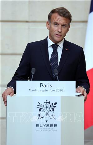 Tổng thống Pháp Emmanuel Macron trong cuộc họp báo tại Paris, ngày 8/9/2026. Ảnh: Yonhap/TTXVN phát