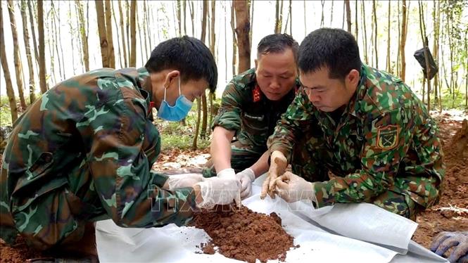 Lực lượng tìm kiếm, quy tập hài cốt liệt sĩ thuộc Bộ Chỉ huy Quân sự tỉnh Quảng Trị quy tập thêm 4 hài cốt liệt sĩ cùng nhiều di vật ở khu vực rừng tràm, bản Bãi Dinh, xã Dân Hóa, tỉnh Quảng Trị. Ảnh: TTXVN phát