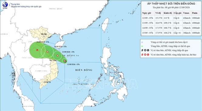 Đường đi của áp thấp nhiệt đới lúc 7h ngày 12/9/2026. Ảnh: Trung tâm Dự báo KTTV quốc gia/TTXVN phát

