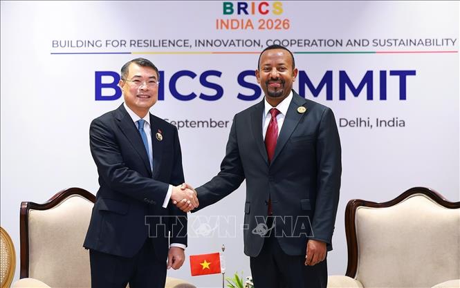 PM Le Minh Hung meets with Ethiopian PM Abiy Ahmed. VNA Photo: Dương Giang