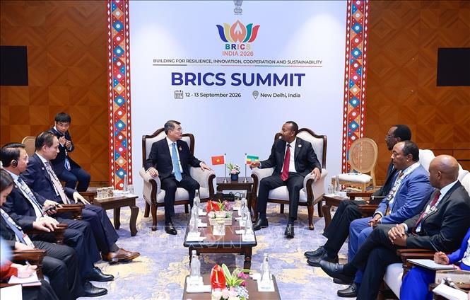 PM Le Minh Hung meets with Ethiopian PM Abiy Ahmed. VNA Photo: Dương Giang