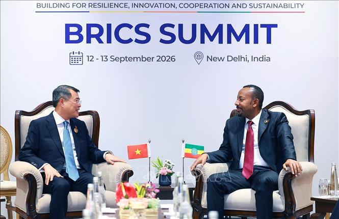 PM Le Minh Hung meets with Ethiopian PM Abiy Ahmed. VNA Photo: Dương Giang