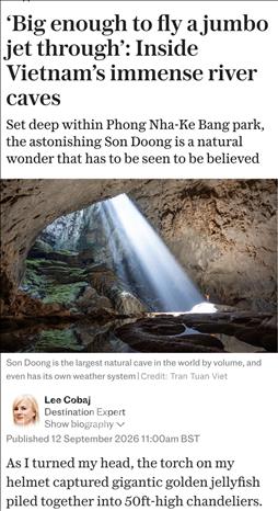 Sơn Đoòng trên tờ The Telegraph của nước Anh, với dòng tít ví lòng hang 