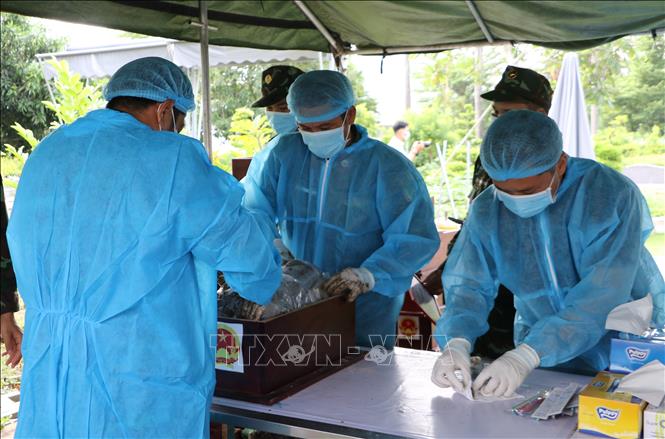 Lực lượng chuyên trách thực hiện lấy mẫu hài cốt liệt sĩ tại Nghĩa trang liệt sĩ tỉnh (phường Mỹ Trà). Ảnh: Hồng Thái - TTXVN