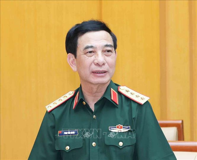 Đồng chí Phan Văn Giang, Uỷ viên Bộ Chính trị, Phó Bí thư Quân uỷ Trung ương, Phó Thủ tướng Chính phủ, Bộ trưởng Bộ Quốc phòng phát biểu tại hội nghị. Ảnh: Phương Hoa - TTXVN