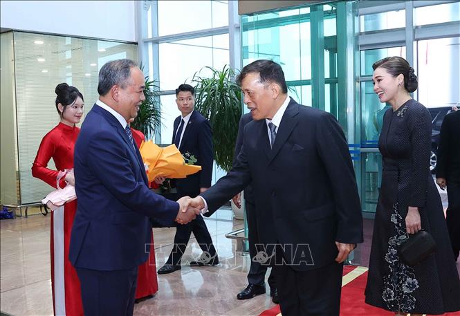 Chủ nhiệm Văn phòng Chủ tịch nước Lê Khánh Hải đón Nhà vua Vương quốc Thái Lan Maha Vajiralongkorn Phra Vajiraklaochaoyuhua và Hoàng hậu tại sân bay quốc tế Nội Bài, Hà Nội. Ảnh: Văn Điệp – TTXVN