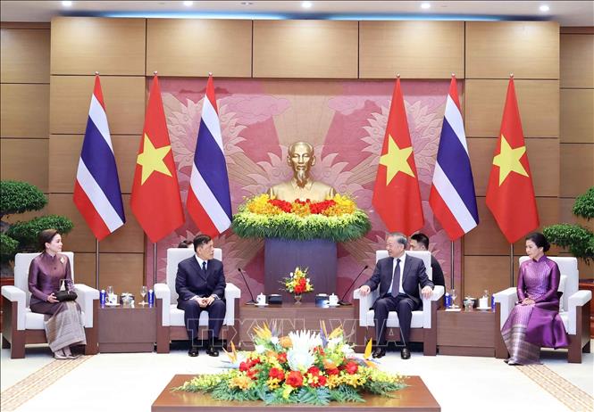 Tổng Bí thư, Chủ tịch nước Tô Lâm và Nhà vua Thái Lan Maha Vajiralongkorn Phra Vajiraklaochaoyuhua dẫn đầu đoàn đại biểu cấp cao hai nước tiến hành hội đàm. Ảnh: Thống Nhất - TTXVN 

