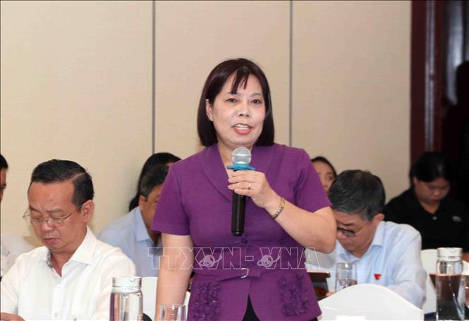 Bà Phan Thị Hồng, Phó Trưởng ban Dân chủ, Giám sát và Phản biện xã hội, Ủy ban Trung ương MTTQ Việt Nam, góp ý Dự án Luật Đất đai (sửa đổi). Ảnh: Xuân Khu-TTXVN