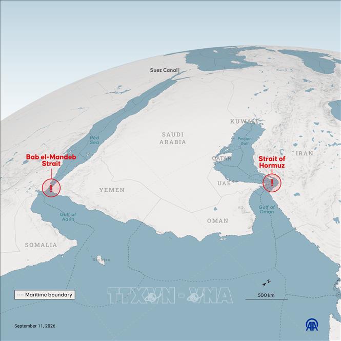 Đồ họa về “Eo biển Bab el-Mandeb và Eo biển Hormuz”, được thực hiện tại Ankara, Thổ Nhĩ Kỳ, ngày 11/9/2026. Ảnh: AA/TTXVN phát