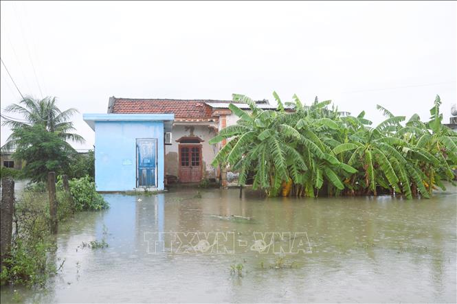 Căn nhà nằm sát trục đường liên xã Quỳnh Anh - Quỳnh Văn (tỉnh Nghệ An) bị ngập nặng. Ảnh: Xuân Tiến - TTXVN 