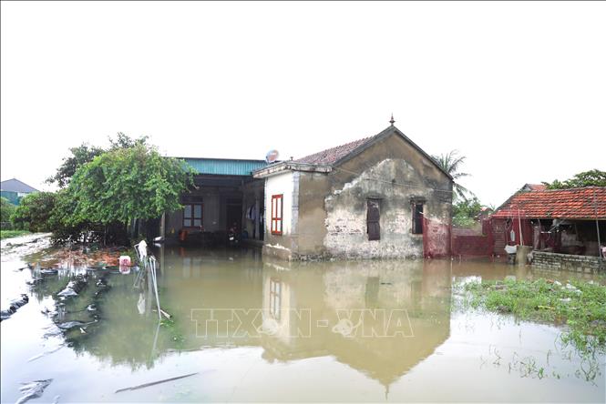 Nhà dân bị cô lập giữa mênh mông nước sau mưa lớn. Ảnh: Xuân Tiến - TTXVN 
