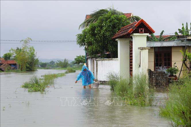 Đường dân sinh bị ngập sâu gây khó khăn cho việc đi lại, sinh hoạt của người dân. Ảnh: Xuân Tiến - TTXVN 