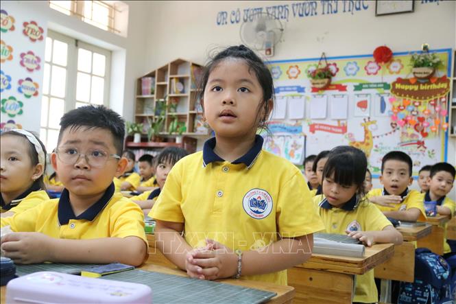 Học sinh Trường Tiểu học Kim Đồng (phường Trần Hưng Đạo, tỉnh Hưng Yên) tích cực tham gia các hoạt động học tập trên lớp. Ảnh: Thu Hoài - TTXVN