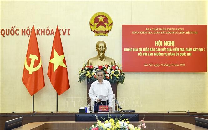 Tổng Bí thư, Chủ tịch nước Tô Lâm, Trưởng Đoàn Kiểm tra, giám sát số 218 phát biểu. Ảnh: Doãn Tấn - TTXVN