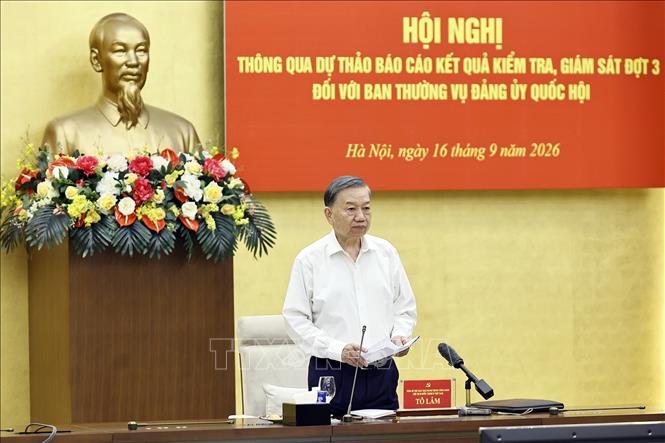 Tổng Bí thư, Chủ tịch nước Tô Lâm, Trưởng Đoàn Kiểm tra, giám sát số 218 phát biểu. Ảnh: Doãn Tấn - TTXVN