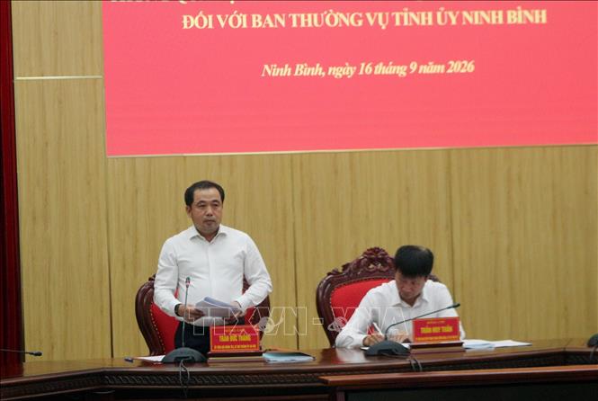 Đồng chí Trần Đức Thắng, Ủy viên Bộ Chính trị, Bí thư Thành ủy Hà Nội, Trưởng Đoàn kiểm tra, giám sát số 237 phát biểu tại hội nghị. Ảnh: Thanh Tuấn - TTXVN