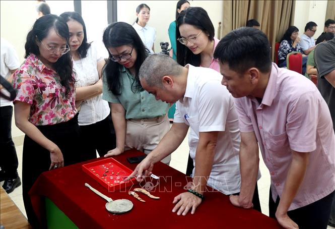Nhiều đồ tùy táng được phát hiện, gồm bình, chén, bát, nồi, vò, lọ bằng gốm sành; tiền Ngũ Thù; dao, đao, kiếm bằng sắt; đồ đồng; hạt chuỗi thủy tinh và các hạt, lá kim loại màu vàng. Ảnh: Văn Tý-TTXVN                   