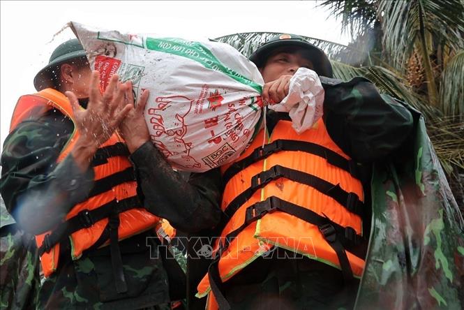 Cán bộ, chiến sĩ Trung đoàn 102, Sư đoàn 308, Quân đoàn 12, vận chuyển bao vật liệu phục vụ gia cố các vị trí đê xung yếu tại xã Quảng Bị. Ảnh: Phạm Tuấn Anh - TTXVN