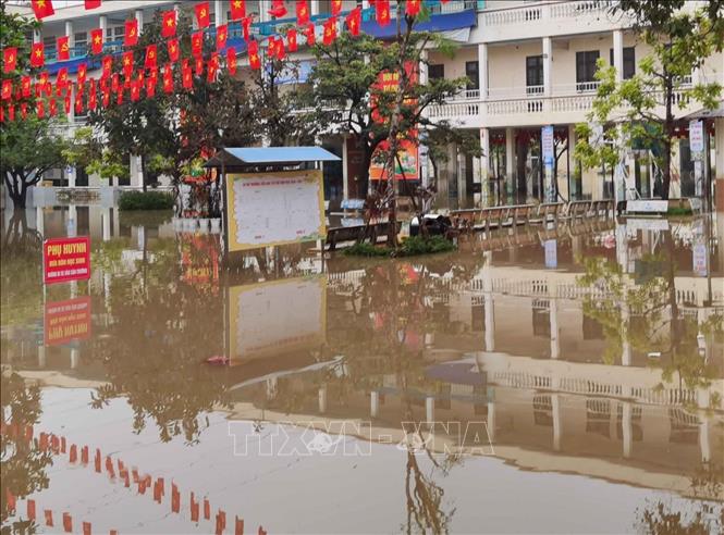 Sân trường Tiểu học Tây Mỗ (phường Tây Mỗ) ngập trong nước. Ảnh: Thanh Tùng - TTXVN