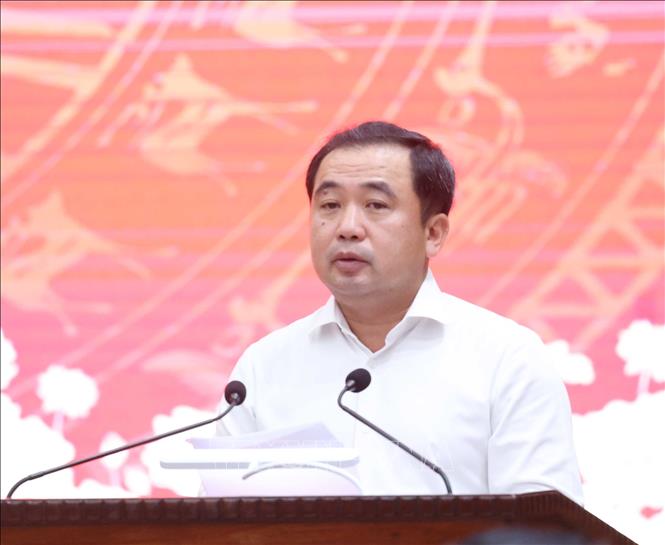 Đồng chí Trần Đức Thắng, Uỷ viên Bộ Chính trị, Bí thư Thành uỷ Hà Nội phát biểu. Ảnh: Thống Nhất – TTXVN 