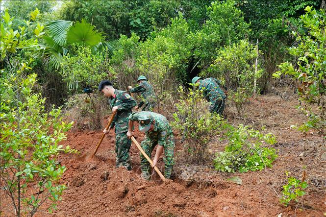Lực lượng chức năng triển khai công tác tìm kiếm mộ liệt sĩ tại khu vực đồi Đá Vôi. Ảnh: Hồng Ninh - TTXVN