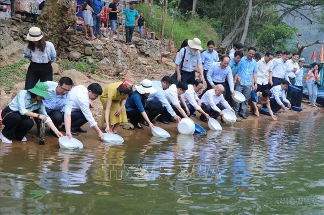 Bảo tồn đa dạng sinh học là một nội dung Việt Nam tích cực hưởng ứng trong các chương trình nghị sự toàn cầu. Trong ảnh: Thả 1.500 con cá giống tại đền An Mã (thuộc hồ Ba Bể) tại lễ kỷ niệm Ngày Quốc tế Đa dạng sinh học năm 2023. Ảnh: Vũ Hoàng Giang - TTXVN