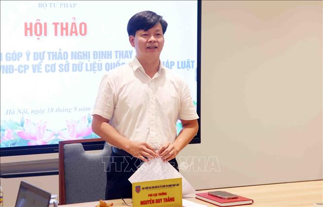 Phó Cục trưởng Cục kiểm tra văn bản và Tổ chức thi hành pháp luật Nguyễn Duy Thắng phát biểu. Ảnh: Phạm Kiên - TTXVN