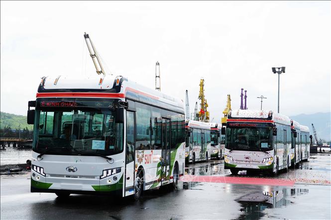 Lô xe ô tô buýt thuần điện của Kim Long Motor tập kết ở cảng Chân Mây, thành phố Huế, để xuất khẩu sang Thái Lan. Ảnh: Nguyên Lý - TTXVN