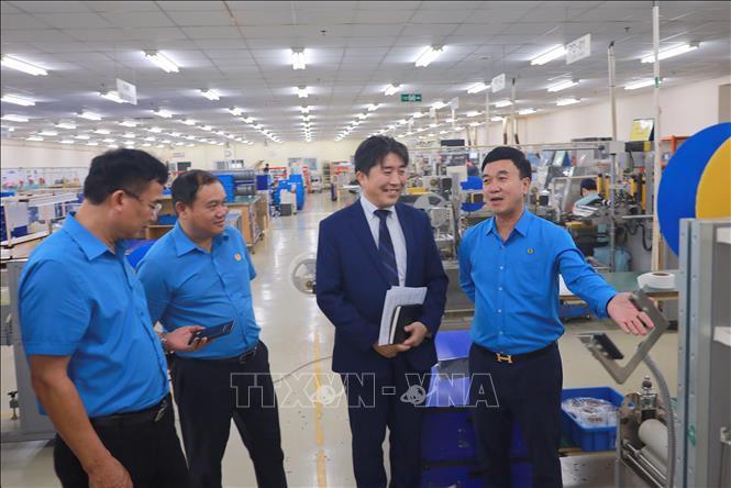 Ông Nguyễn Văn Quyết (ngoài cùng bên phải), Phó Chủ tịch Thường trực Liên đoàn Lao động thành phố Hải Phòng trao đổi thông tin với ông Takao Kannami, Tổng Giám đốc Công ty (thứ hai từ phải sang). Ảnh: Minh Thu - TTXVN
