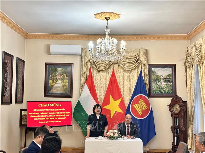 Đồng chí Văn Thị Bạch Tuyết, Phó Bí thư Thành ủy TP Hồ Chí Minh làm việc với Đại sứ quán Việt Nam tại Hungary. Ảnh: TTXVN phát