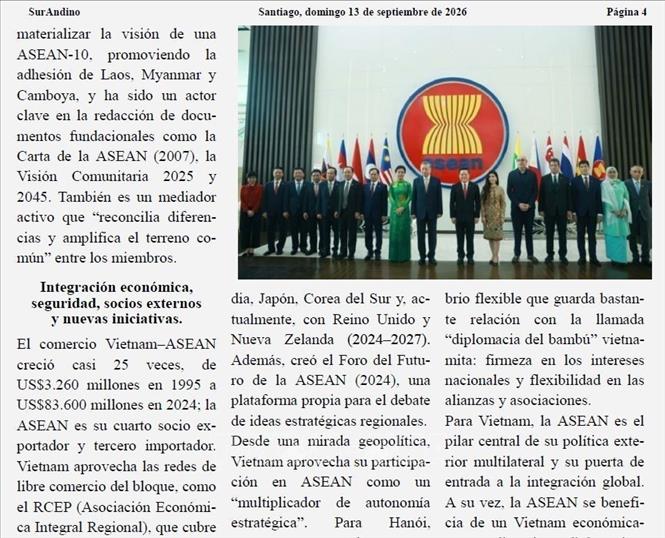 Bài viết đăng trên báo SurAndino (Chile) ngày 13/9/2026. Ảnh chụp màn hình/Diệu Hương - PV TTXVN tại Nam Mỹ