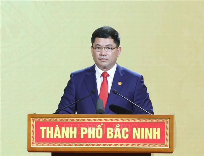 Đồng chí Nguyễn Hồng Thái, Uỷ viên Trung ương Đảng, Bí thư Thành uỷ Bắc Ninh phát biểu. Ảnh: Thống Nhất – TTXVN