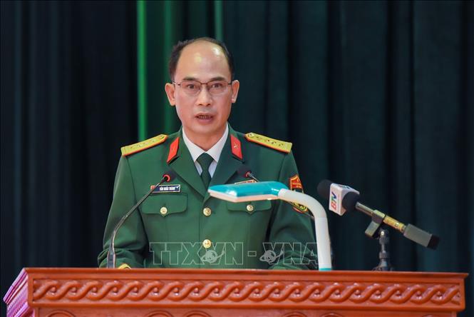 Đại tá Văn Khắc Thành, Chỉ huy trưởng Bộ Chỉ huy Quân sự thành phố Bắc Ninh phát biểu. Ảnh: Thanh Thương - TTXVN