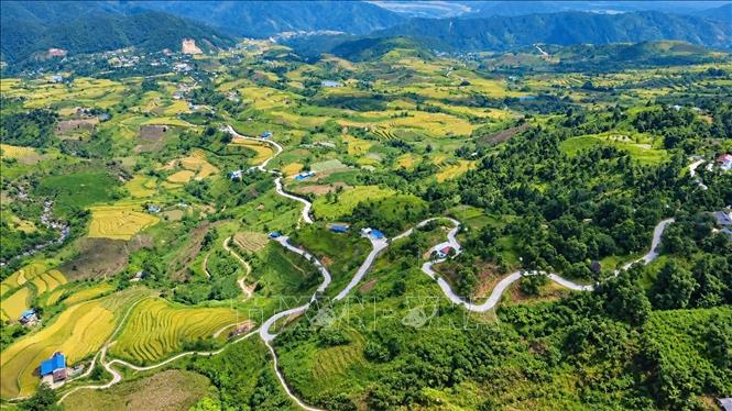 Đường lên bản Lao Chải 1 uốn lượn như dải lụa trắng giữa núi rừng Tây Bắc hùng vĩ. Ảnh: Việt Dũng - TTXVN