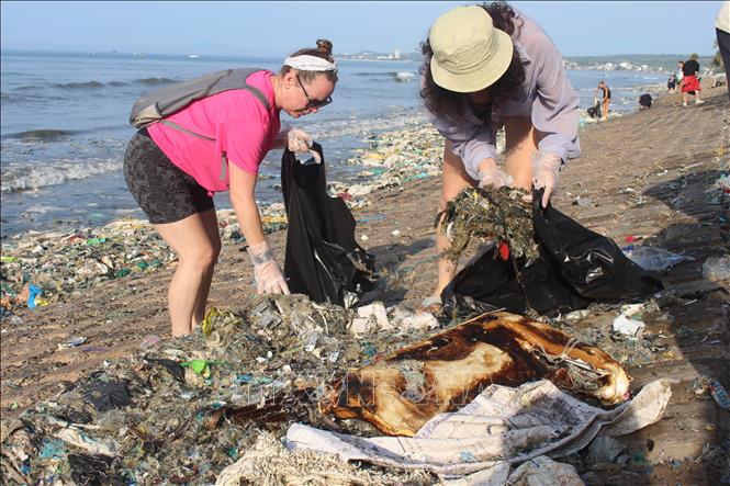 Community participation not only helps address seasonal marine debris but also raises awareness among residents and tourists about environmental protection. VNA Photo: Hồng Hiếu