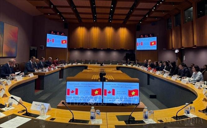  Kỳ họp lần thứ 3 Ủy ban Hỗn hợp về Kinh tế Việt Nam - Canada (JEC 3) diễn ra dưới sự đồng chủ trì của Thứ trưởng Bộ Công Thương Việt Nam Phan Thị Thắng và Thứ trưởng Bộ Các vấn đề toàn cầu Canada Arun Thangaraj (06/06/2026). Ảnh: TTXVN phát