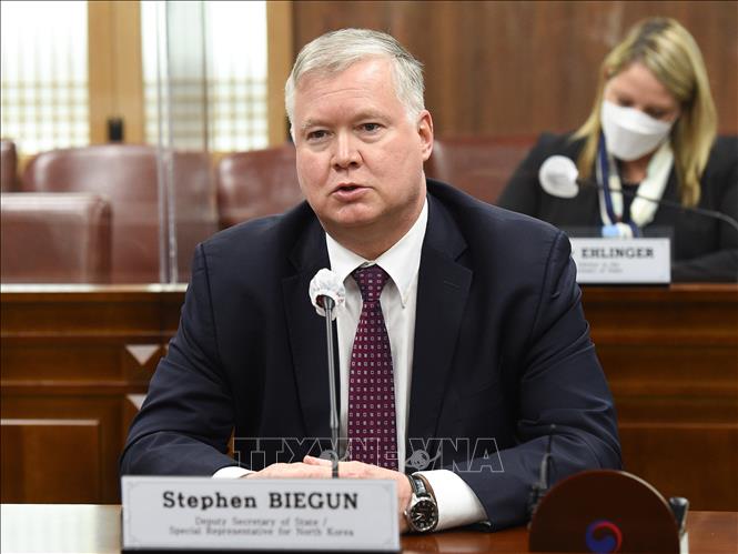 Ông Stephen Biegun lúc đương nhiệm chức Thứ trưởng Ngoại giao Mỹ kiêm Đặc phái viên về Triều Tiên, tại Bộ Ngoại giao ở Seoul, Hàn Quốc. Ảnh: Yonhap/TTXVN phát
